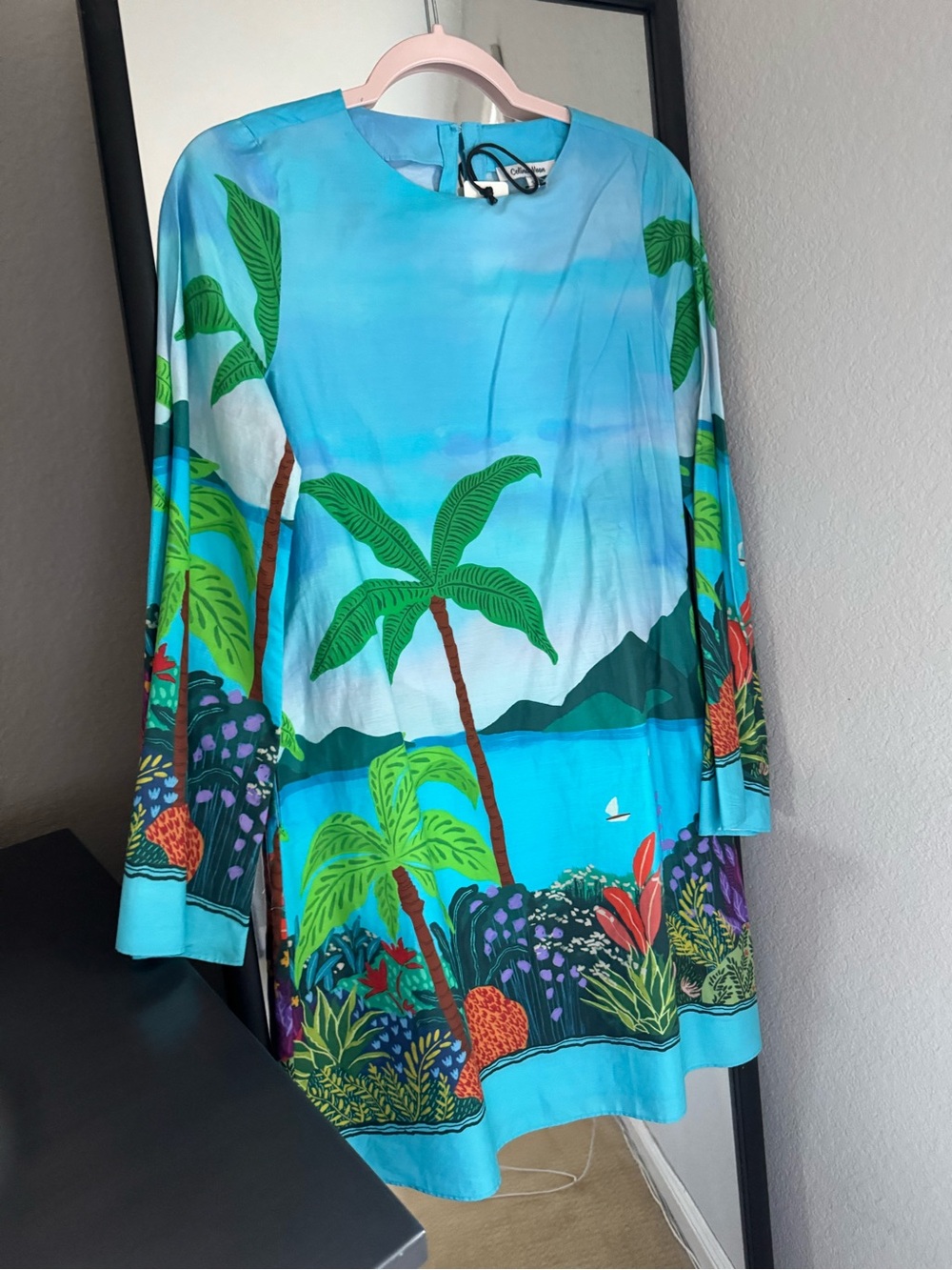 CELINA MOON Tropical Palm-Print Mini Dress in Bright Blue & Green